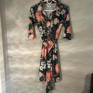 Hand-Painted Floral Wrap Dress with Belt